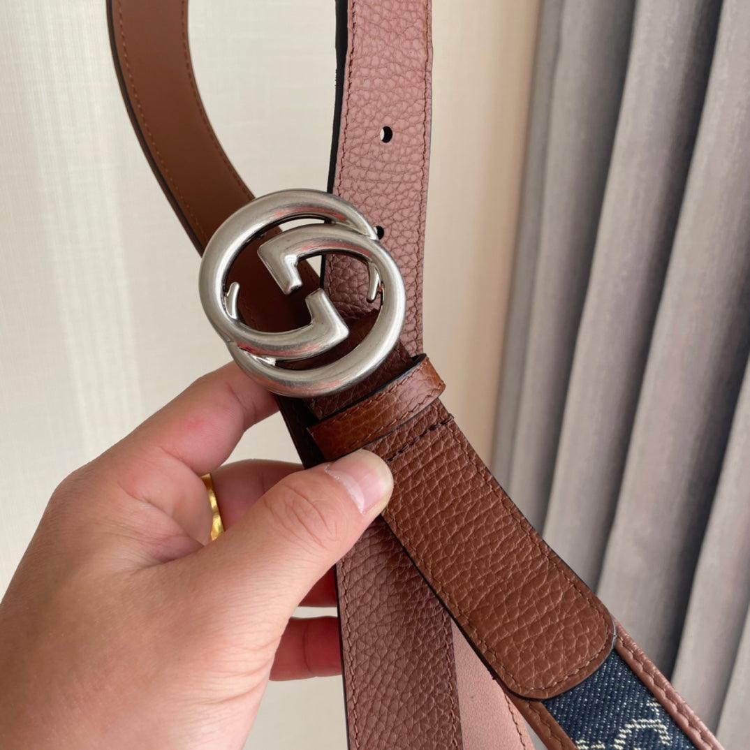 GUCCI Embellished coated-canvas and leather belt 'Brown/Blue' - Banlieue91