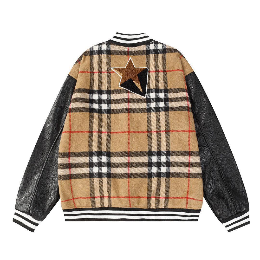 BURBERRY Brown Checked Wool-Blend and Full-Grain Leather Varsity Jacket - Banlieue91
