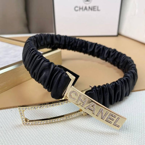 Chanel Logo Buckle Elastic Belt Leather with Metal and Crystals 'Black' - Banlieue91